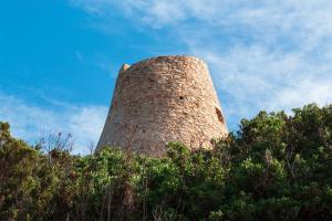 a tall stone tower sitting on top of trees at Sa Guardia de Ferricci in Solanas