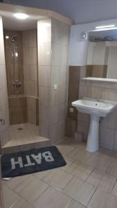 La salle de bains est pourvue d'un lavabo, d'une douche et d'un tapis. dans l'établissement Ubytování s parkováním v soukromí, à Znojmo