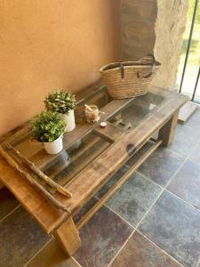 a wooden table with two plants and a basket on it at Fantastic duplex surrounded by nature (Ski&Golf) in Teruel
