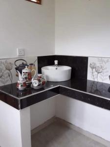 encimera negra con lavabo en el baño en Villa25 Homestay free pick up from the center, en Kandy
