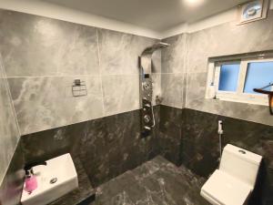 a bathroom with a sink and a toilet at BMRAN Luxury serviced apartment in Cochin