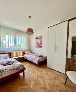 1 Schlafzimmer mit 2 Betten und einem Schrank in der Unterkunft Victoria Apartment Skopje in Skopje