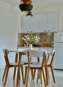 eine Küche mit einem Tisch und Stühlen sowie einem Kühlschrank in der Unterkunft Victoria Apartment Skopje in Skopje