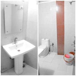 two pictures of a bathroom with a sink and a toilet at Blossom residency By Dolphin 500 Mtr Taj mahal in Agra