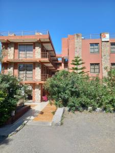 un gran edificio de ladrillo con arbustos delante de él en Zan-Seyoum Hotel - Lalibela, en Lalibela