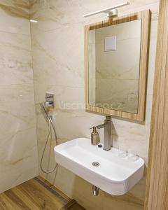 a bathroom with a sink and a mirror at Hotel Garni in Považská Bystrica