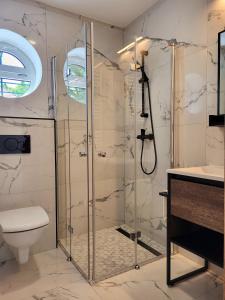 uma casa de banho com um chuveiro, um WC e um lavatório. em Villa Bauhaus Wellness Apart-Hotel em Siófok