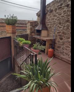 a patio with a grill and some plants at Cal Emilia in Ossó de Sió