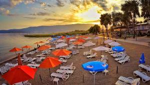 un grupo de sillas y sombrillas en una playa en Hotel Majestic en Struga