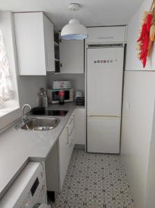 a small kitchen with a sink and a refrigerator at Casa Rural Maestros in Albanchez de Úbeda