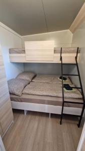 a bunk bed in a small room with a wooden floor at Mobile Home PLAGE in Drage