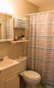 ein Bad mit einem WC und einem Duschvorhang in der Unterkunft Camp Barracuda in Shoreline Park