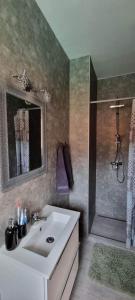a bathroom with a white sink and a shower at City Center apartman in Siófok