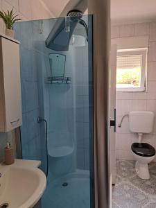 uma casa de banho com um chuveiro, um lavatório e um WC. em Holiday Hana em Kastav