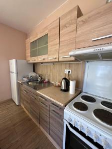 a kitchen with wooden cabinets and a white stove top oven at INTER EXPO APARTMENT in Sofia +5 photos