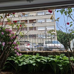 a view of a building from a garden with flowers at Apartman Maksimirska 89 Zagreb in Zagreb