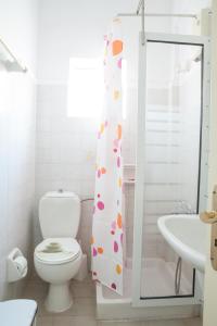 a bathroom with a toilet and a shower curtain at Sunny Apartments - ex Zoi Studios in Agioi Apostoli