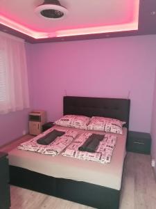 a bedroom with a bed with a pink ceiling at Borsalino Apartman in Veszprém