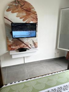 telewizor z płaskim ekranem na ścianie w pokoju w obiekcie Le P'tit Baldaquin w mieście Saint-Denis