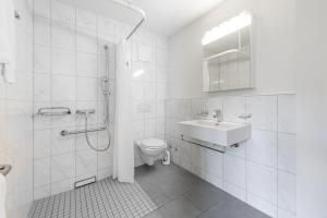 a bathroom with a toilet and a sink and a shower at Union Light - Self Check-In Hotel in Lucerne