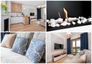 a collage of pictures of a living room and a kitchen at Porto - BillBerry Apartments in Gdańsk