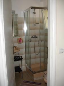 y baño con ducha y puerta de cristal. en Bozikis Apartments & Studios, en Paleokastritsa