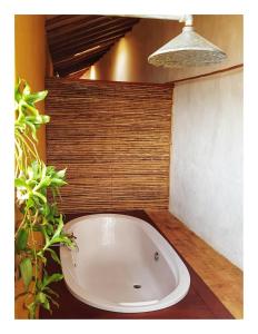 a white bath tub in a room with a plant at CALA Guane Barichara in Guarne
