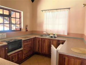 uma cozinha com armários de madeira, um lavatório e uma janela em Family Lodge in Natural African bush - 2113 em Bulawayo