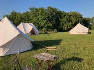 a group of tents in a field with a table at Helles Have Glamping in Stege
