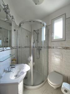 a bathroom with a shower and a sink and a toilet at Romantic holiday home with a fantastic view of Lake Maggiore and the pool in Gordola