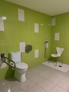 a green bathroom with a toilet and a chair at ALBERGUE CASTELOS VILALBA in Villalba