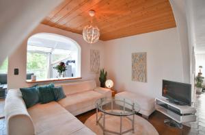 ein Wohnzimmer mit einem Sofa und einem TV in der Unterkunft 5 Sterne Traumferienwohnung für 8 Gäste in Selb