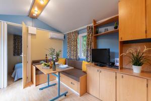 salon z biurkiem i telewizorem w obiekcie La Doucette, mobil-home climatisé au cœur du vignoble et à 50m de la mer w Hyères