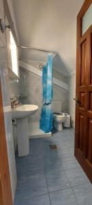 un bagno con un water e un sacchetto di plastica blu di Piccolo Alloggio a Tsoukalades
