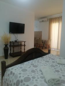 a bedroom with a bed and a flat screen tv at Dizara Apartman's in Ulcinj