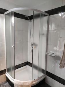 y baño con ducha y mampara de cristal. en Hotel Ambasador, en Podgorica
