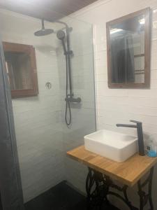 a white bathroom with a sink and a shower at Abrigo das Penhas in Manteigas