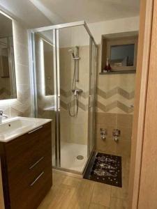 un bagno con doccia e lavandino di Appartamento Gnomo Livigno a Livigno