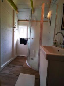 y baño con ducha y lavamanos. en Trekkershut - Tiny House - Hikers cottage, en Wijster