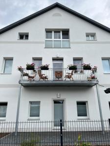 a white house with flowers on the balconies at Zum Rosental in Rötha