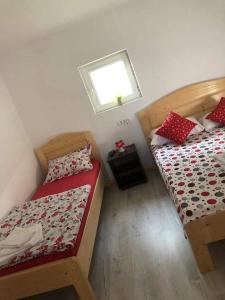 a bedroom with two beds and a window at Cabana Elyana Mraconia in Eşelniţa