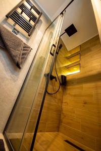 a bathroom with a shower with a glass door at Aqua Casa in Vrnjačka Banja +10 photos