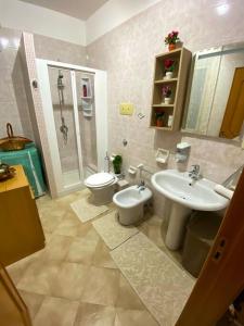 La salle de bains est pourvue d'un lavabo, de toilettes et d'une douche. dans l'établissement Casa Vacanze Villino Nando, à Palerme