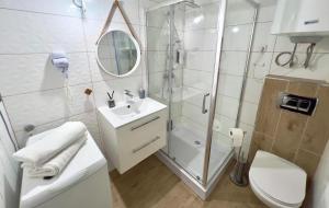a bathroom with a shower and a toilet and a sink at Parkcity Chorzów in Chorzów +9 photos