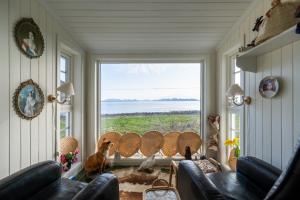 a living room with a large window with a dog looking out at Nøss Panorama in Nøss