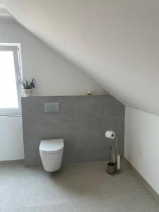 a white bathroom with a toilet in a attic at Gästehaus Miri in Lindau +13 photos