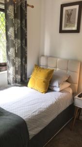 a bedroom with a bed with yellow pillows and a window at The Old Forestry Cottage in Portree