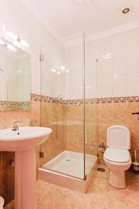 a bathroom with a toilet and a sink and a shower at Residencial Bem Estar in Chaves