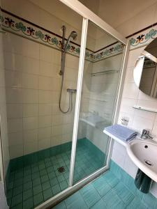 y baño con ducha y lavamanos. en Casa Petrucci centro storico, en Forlì