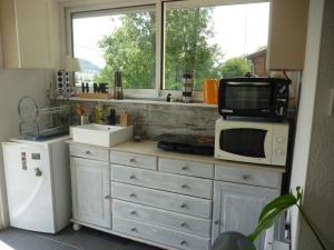 uma cozinha com um micro-ondas, um lavatório e um frigorífico em T1 Cosy avec Terrasse privée vue Loire dans Maison em Aurec-sur-Loire